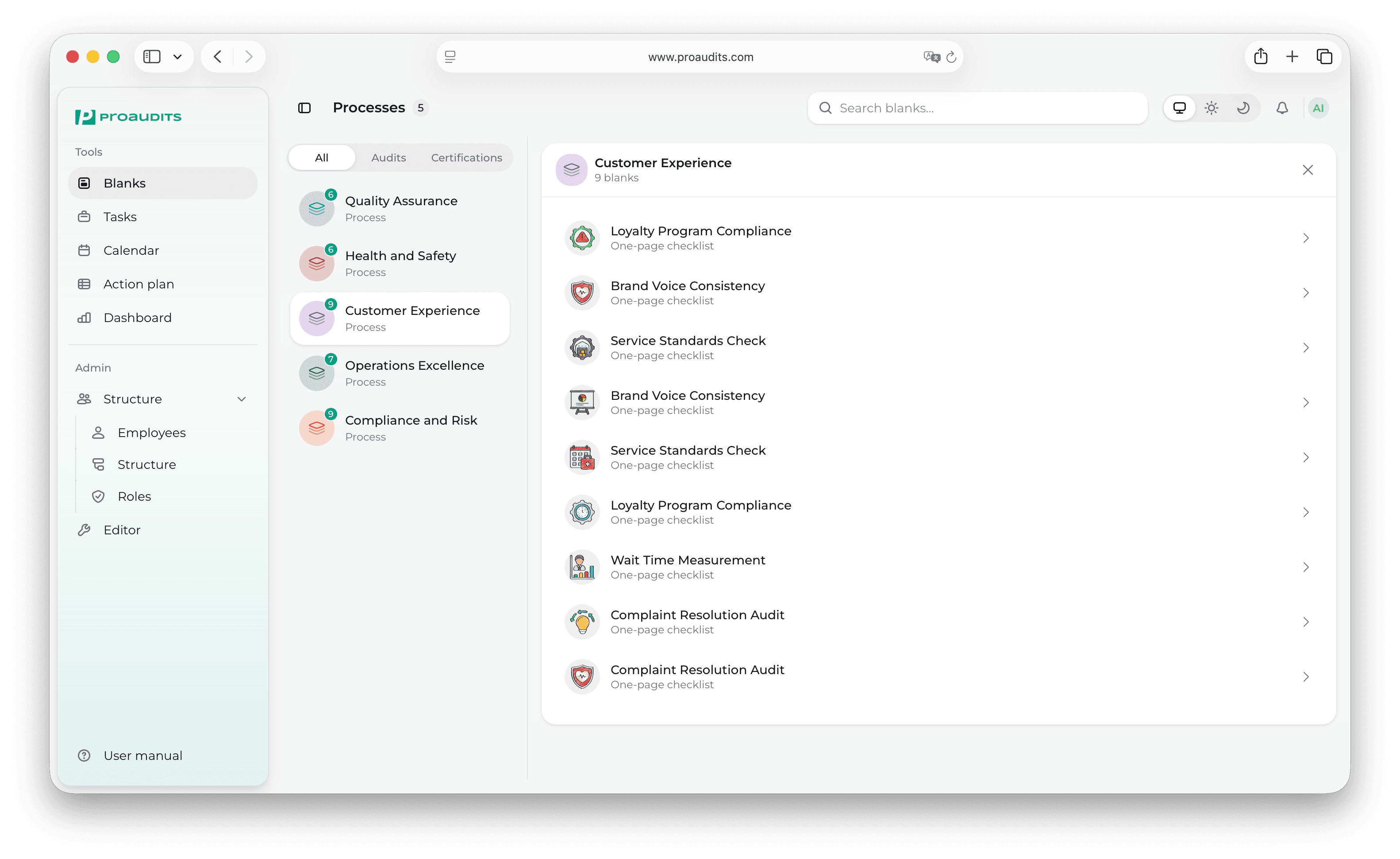 ProAudits workspace — Blanks page with process categories