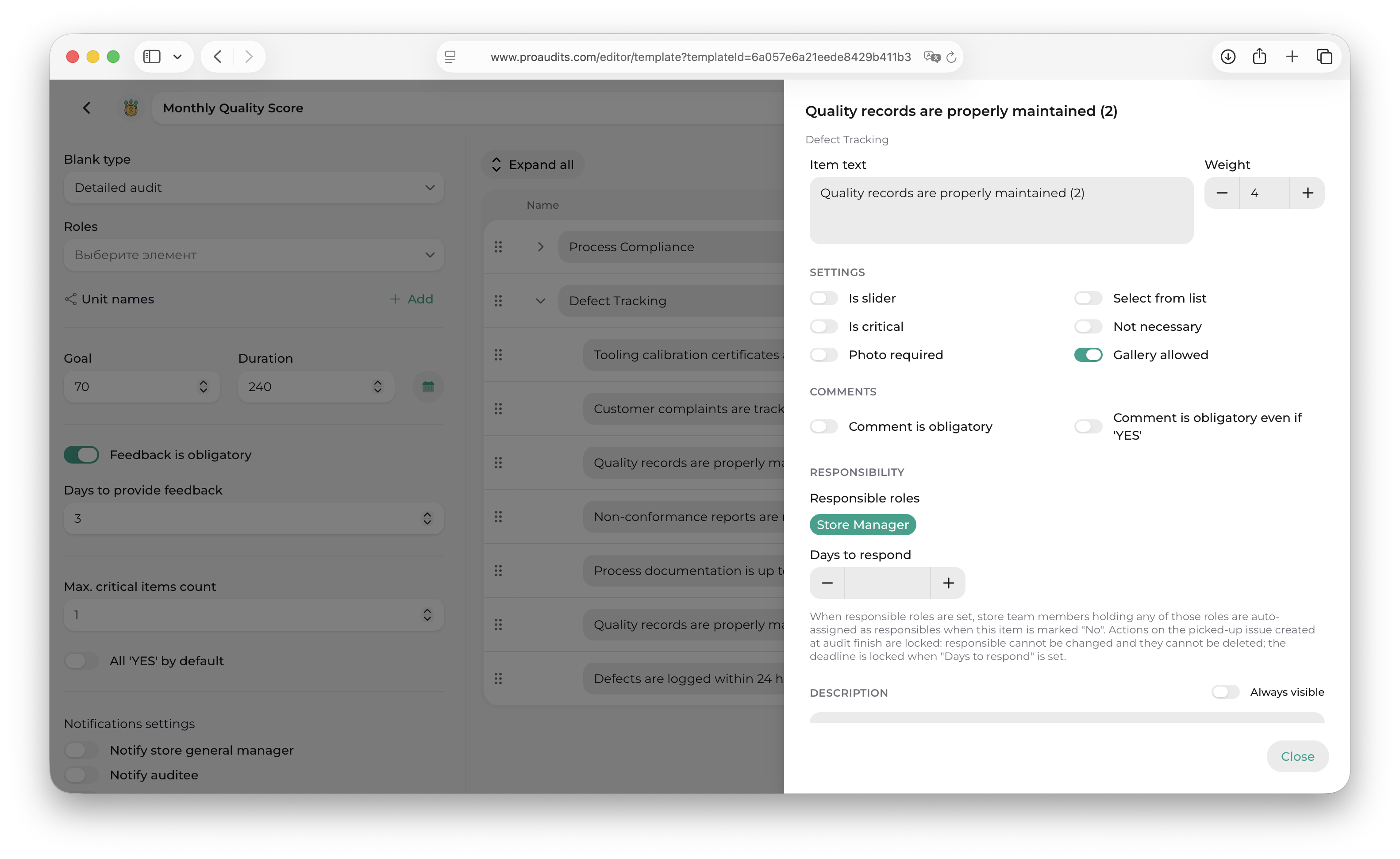 Item editor drawer with Item text and Weight, Settings toggles, Comments toggles, Responsibility section and Description toggle