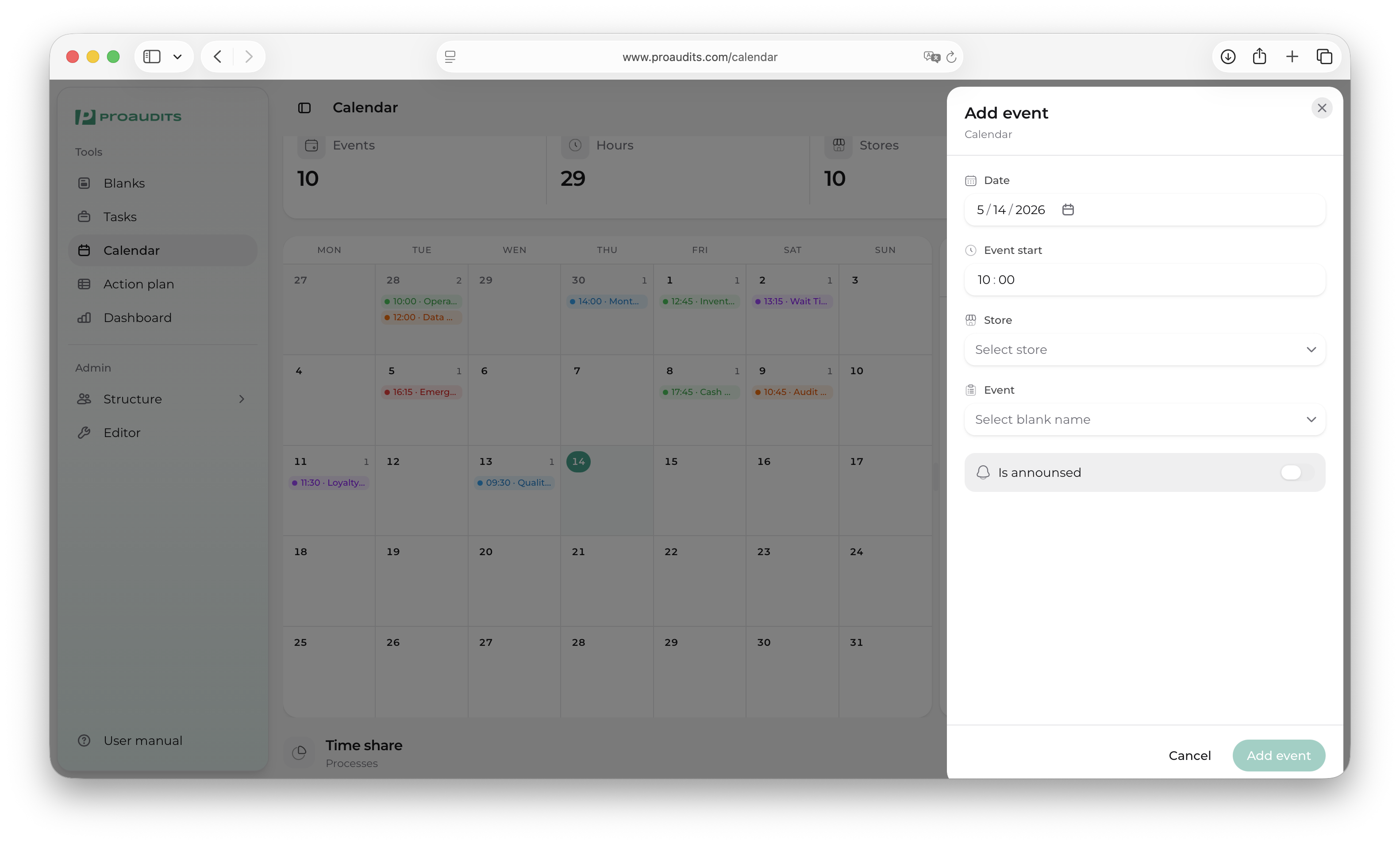 Add event drawer with Date, Event start, Store, Event selectors and an Is-announced toggle
