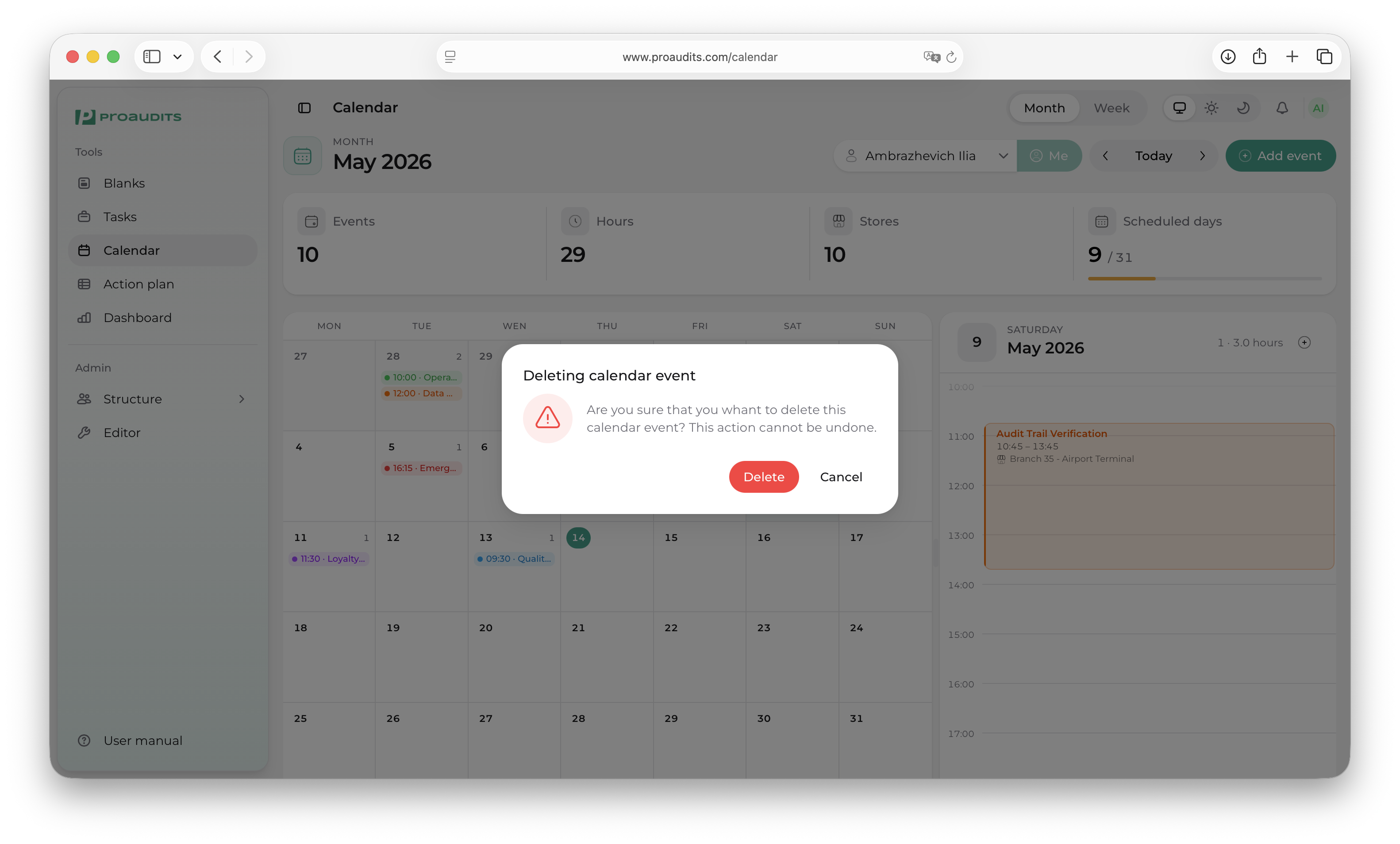 Deleting calendar event dialog with Delete and Cancel buttons