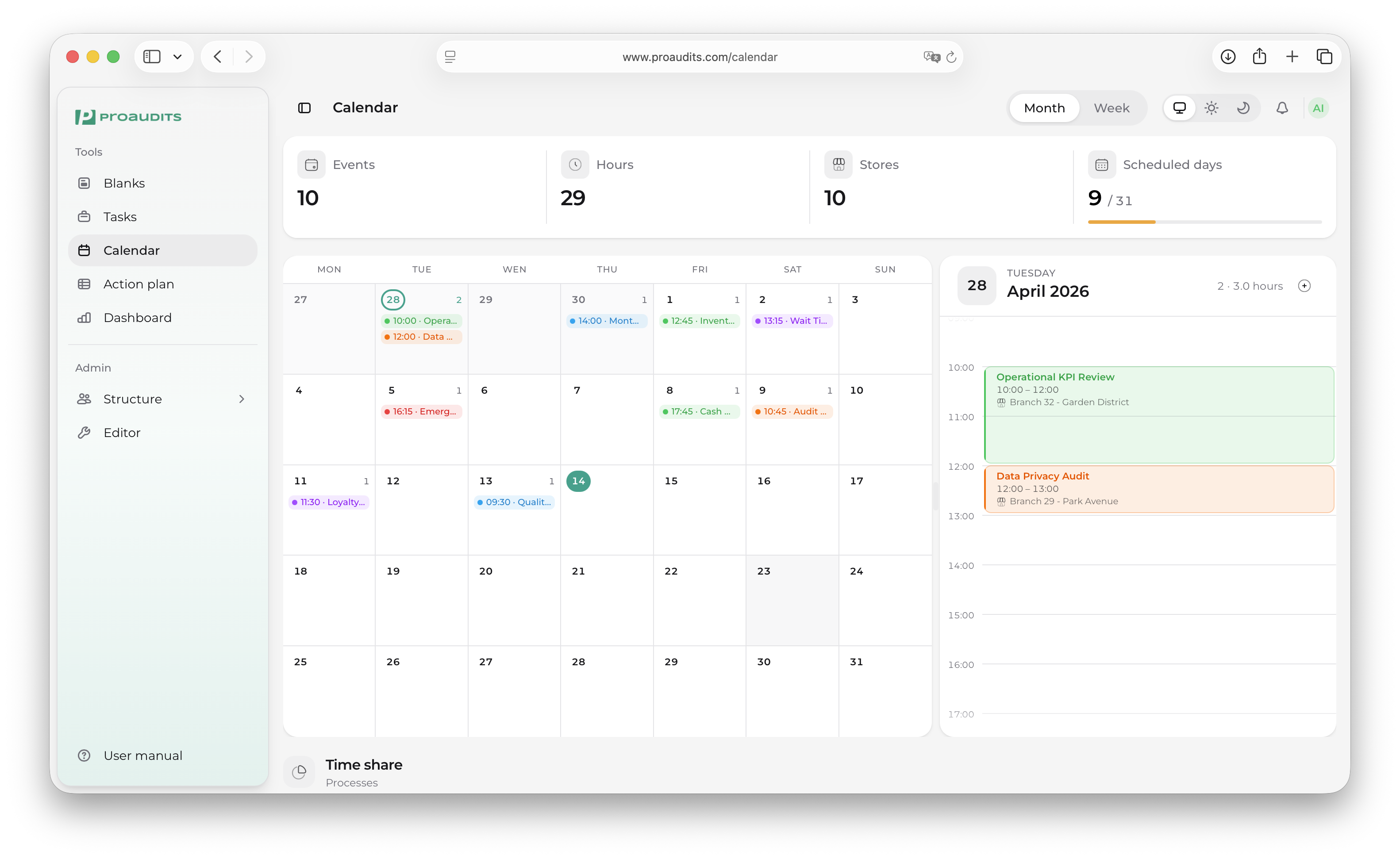 Four metric cards at the top of the calendar: Events, Hours, Stores, Scheduled days