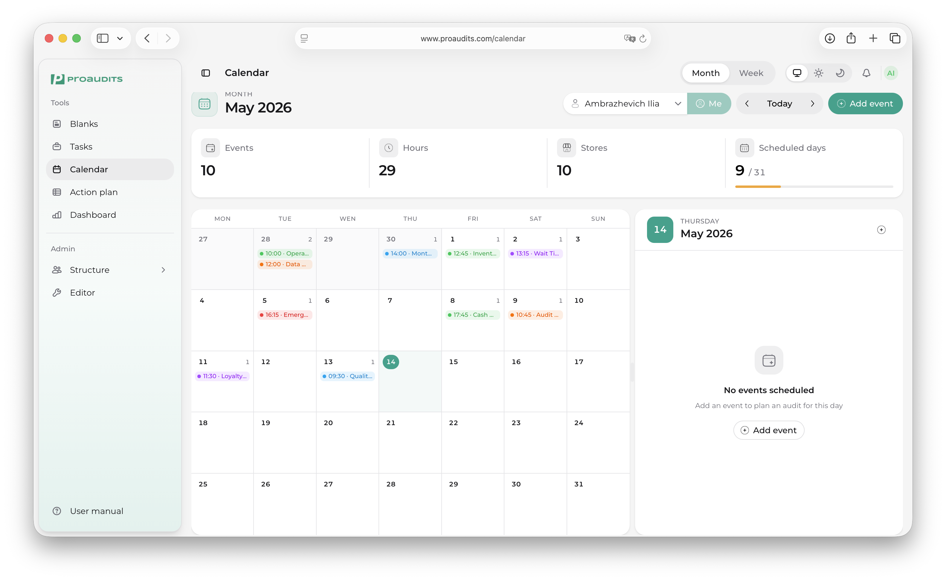 Calendar month view with metrics row, the month grid, and a day side panel