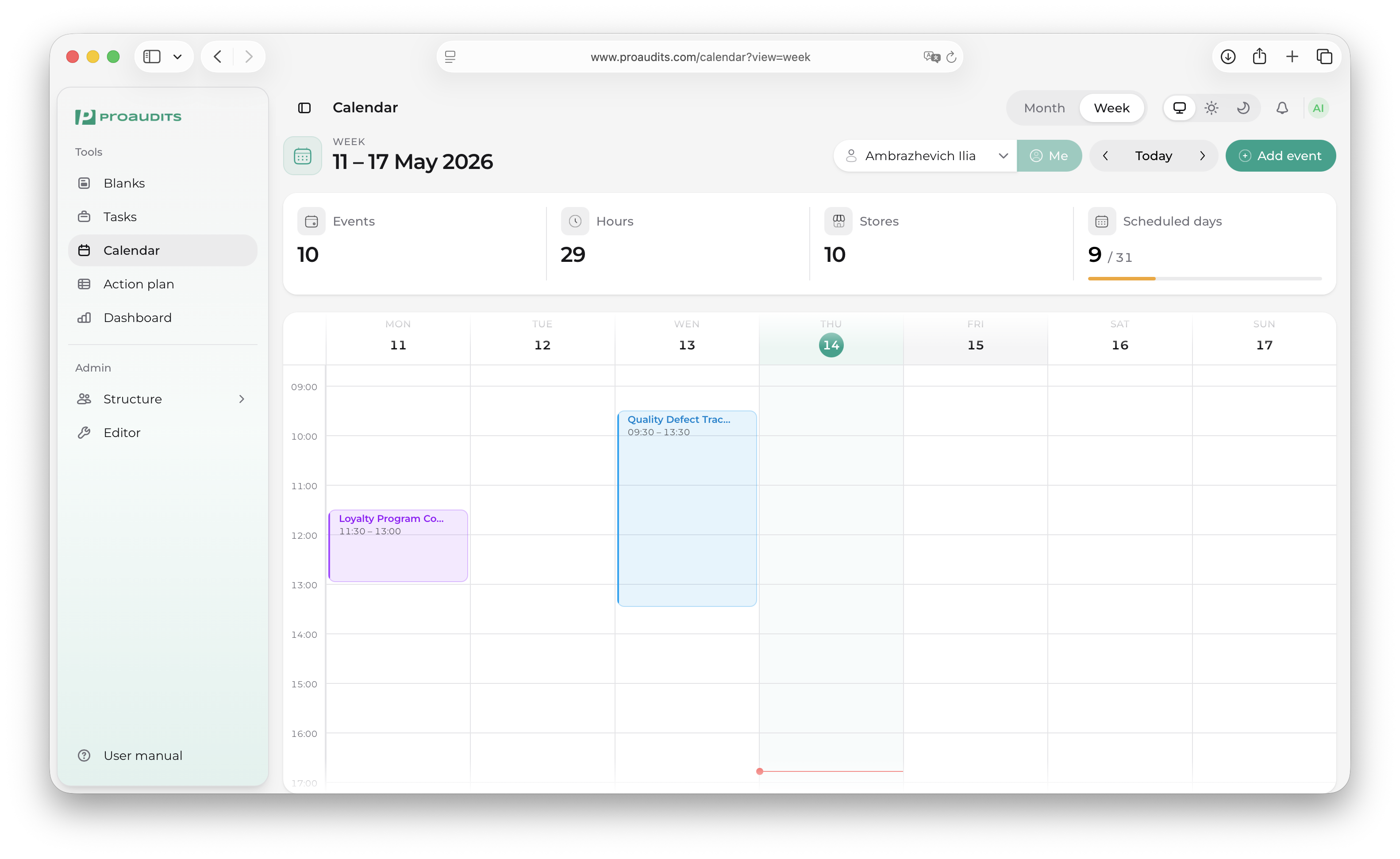 Week view: seven columns with hours down the side and two events at their scheduled times