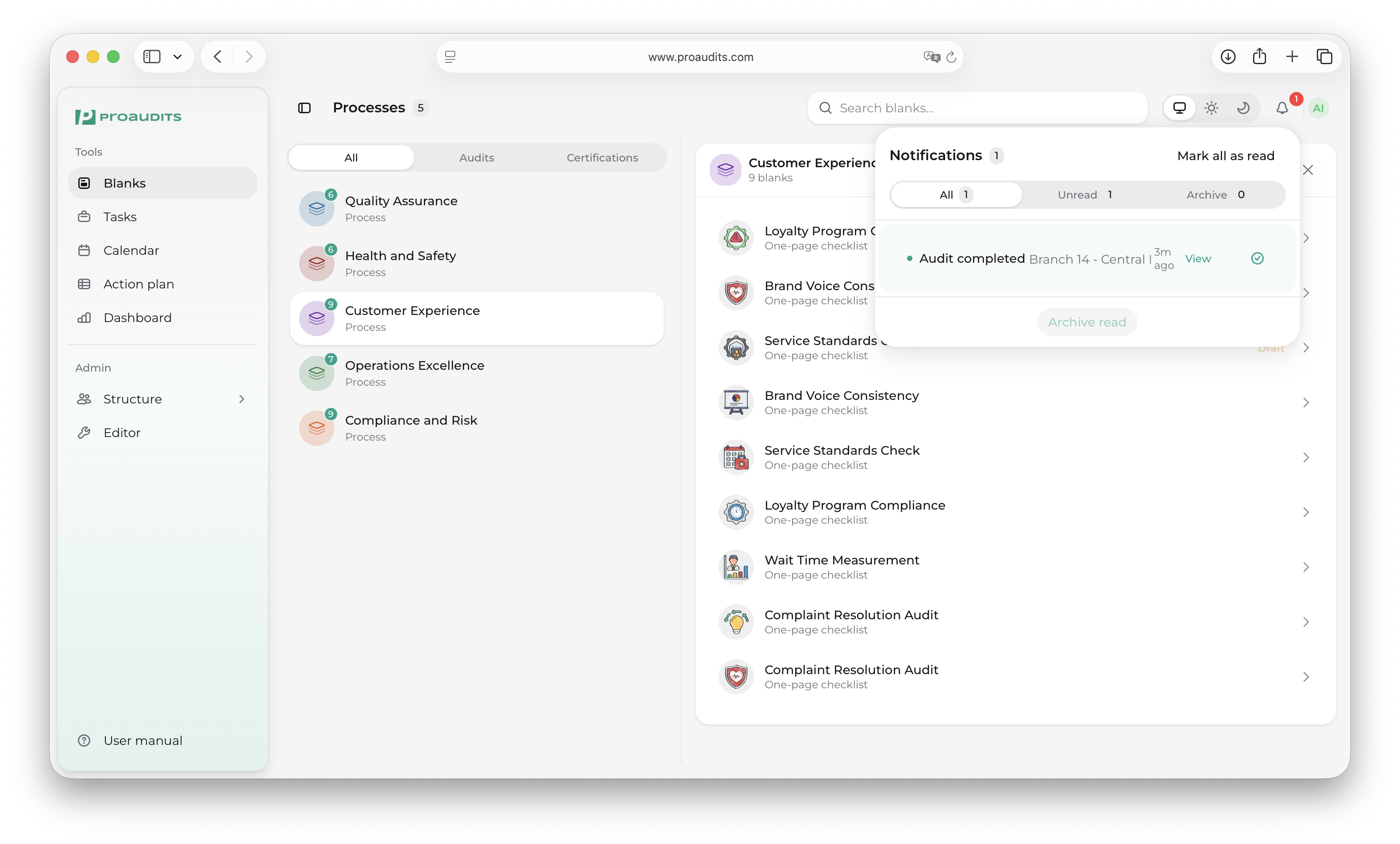 Notifications popover with All/Unread/Archive tabs and an Audit-completed notification with a View link