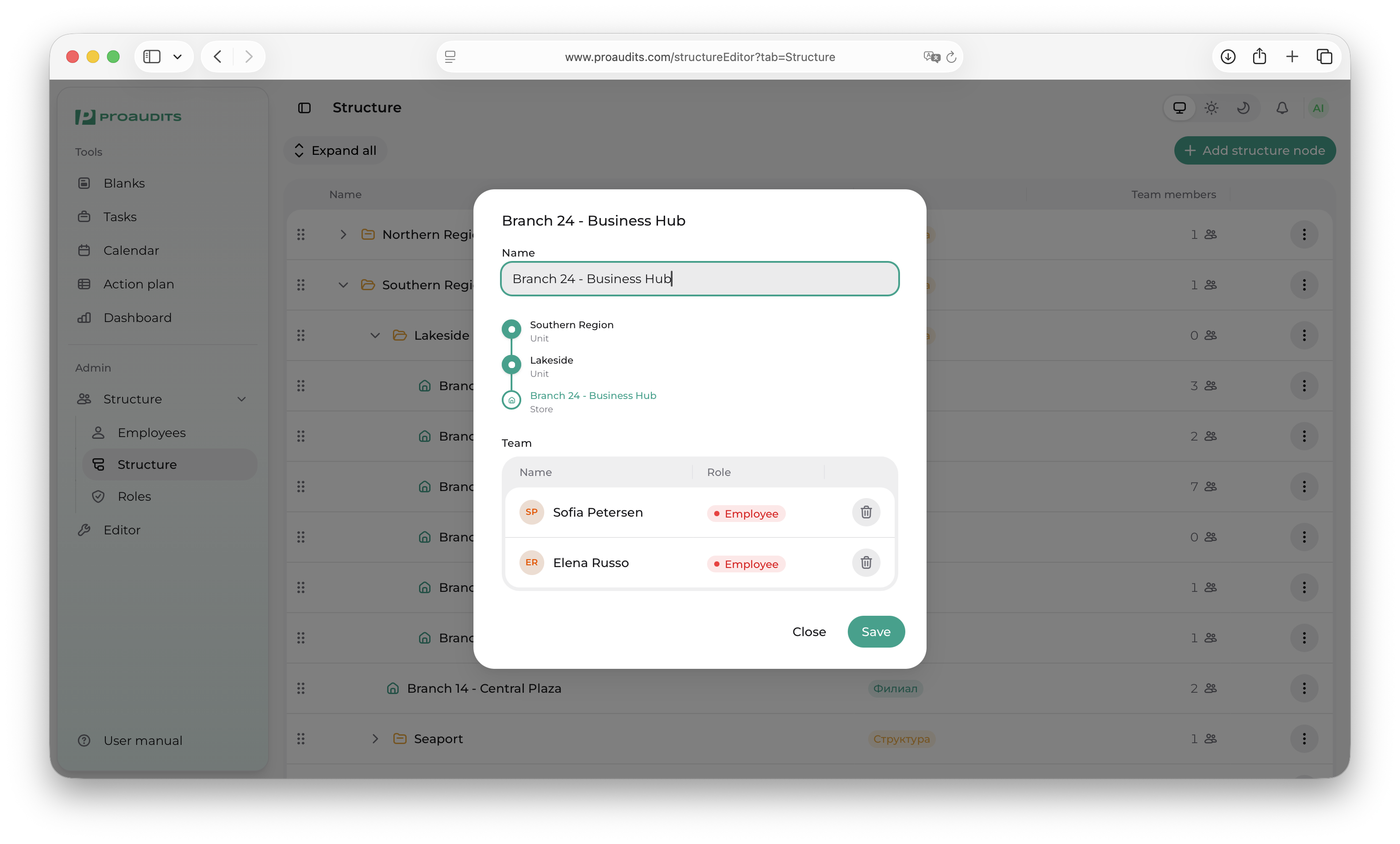 Edit-node dialog with Name input, parent-path breadcrumb and a Team table listing members and their roles