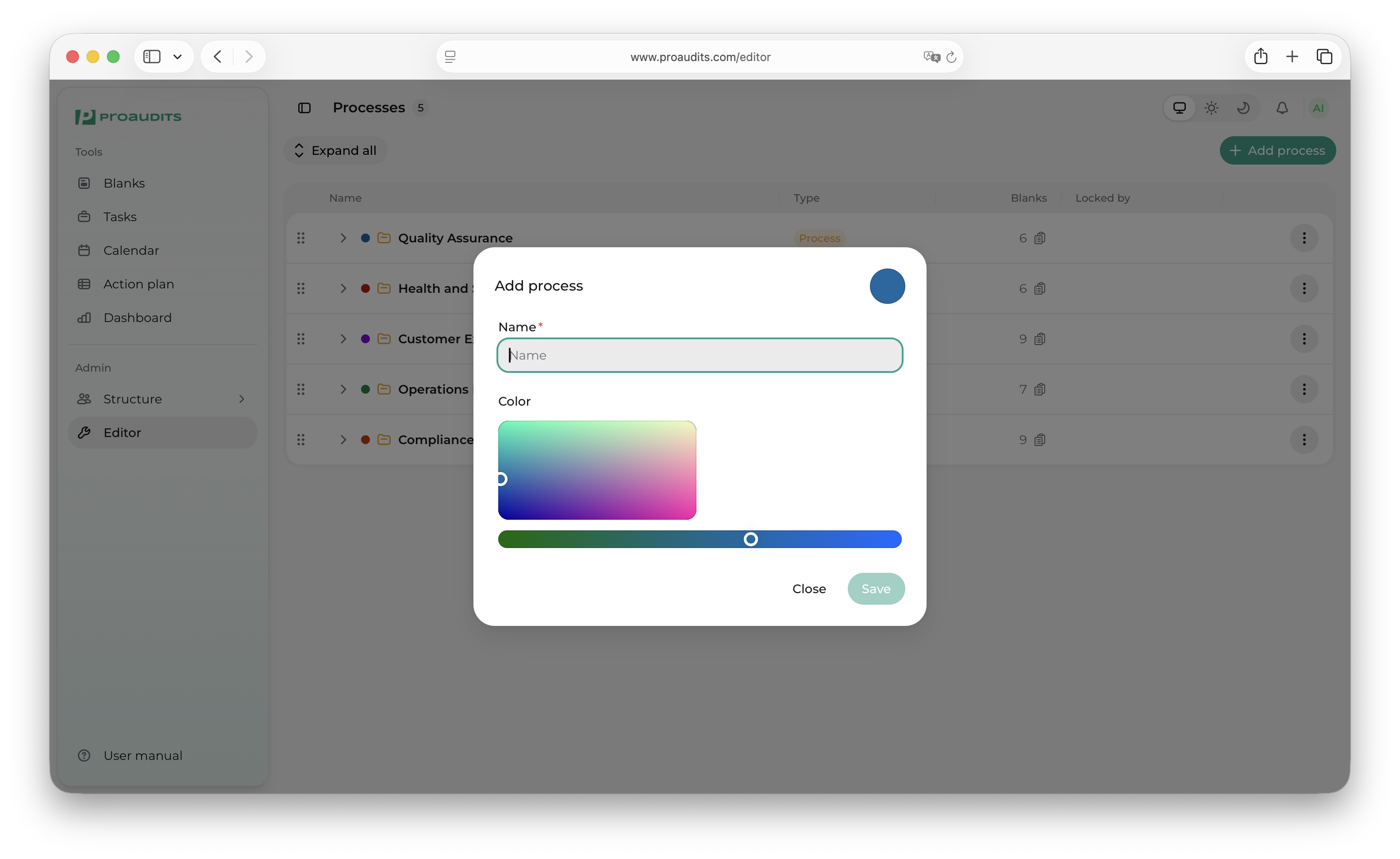 Add process dialog with a Name input, a 2D color picker plus hue slider, and a disabled Save button