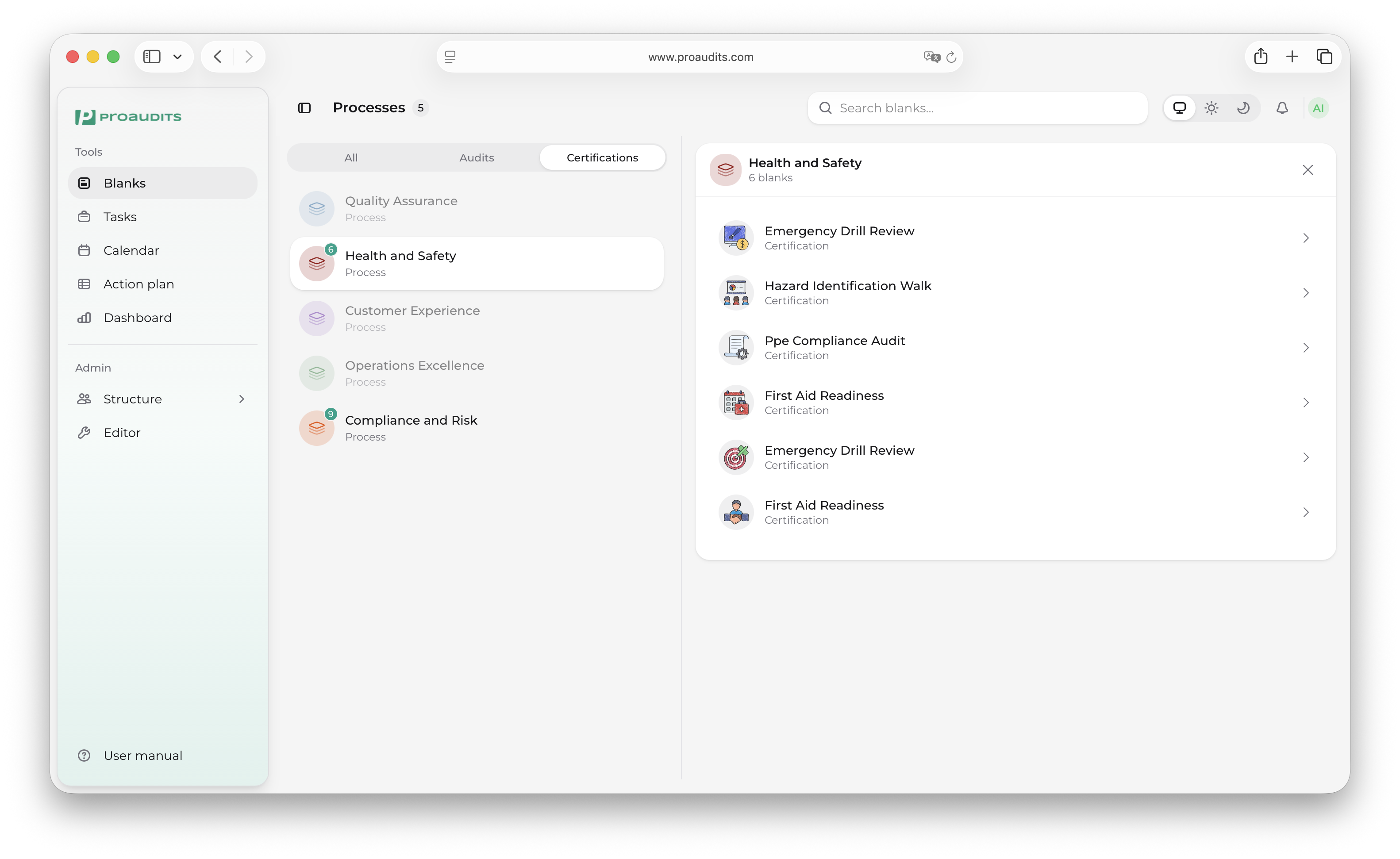 All / Audits / Certifications tabs with Certifications active — processes without certifications are dimmed
